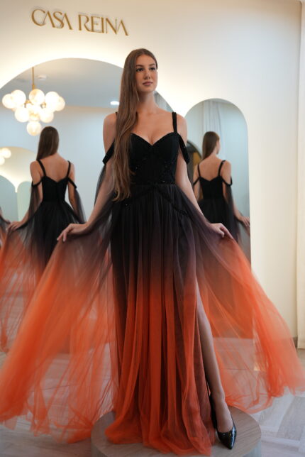 Black & Orange Ombre Evening Gown for Parties