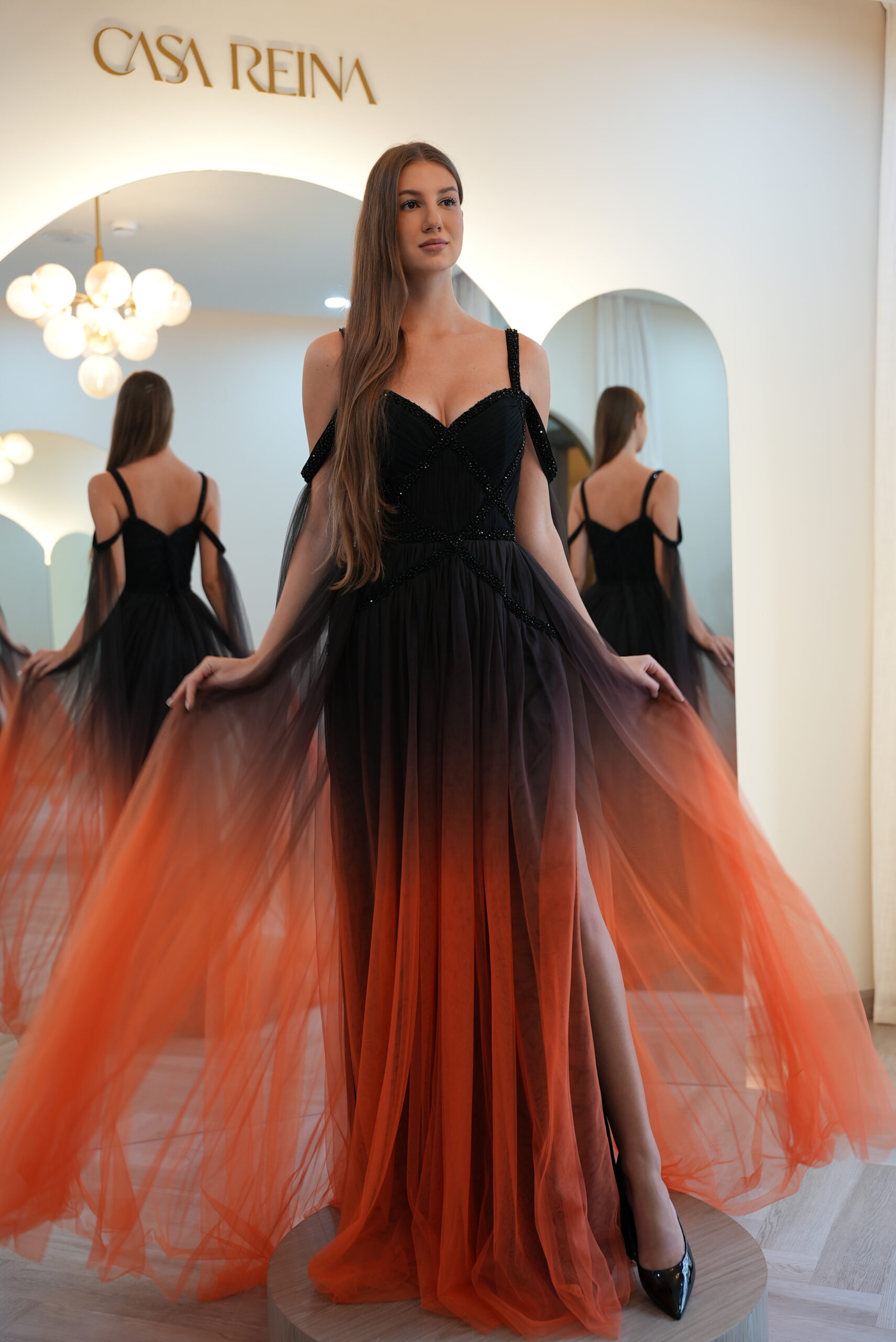 Black & Orange Ombre Evening Gown for Parties