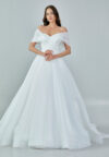 Bride wearing an off-shoulder organza ball gown with draped bodice and full skirt from Casa Reina Bridal Collection