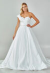Bride wearing an asymmetrical satin ballgown with draped shoulder and beaded sweetheart neckline from Casa Reina Bridal Collection