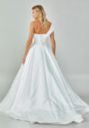 Bride wearing an asymmetrical satin ballgown with draped shoulder and beaded sweetheart neckline from Casa Reina Bridal Collection