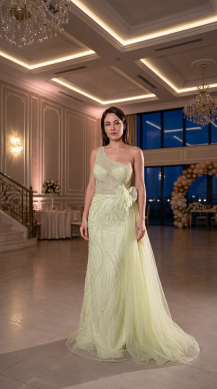 Model wearing a lime green one-shoulder evening gown with sequin patterns and a tulle overskirt in a luxury ballroom setting.