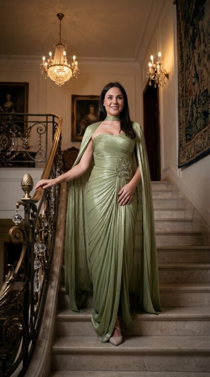 Olive green draped cape prom dress with elegant silhouette and floral embellishment