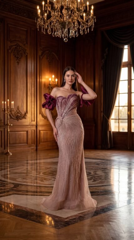 blush crystal couture evening gown with burgundy statement sleeves Casa Reina Boutique