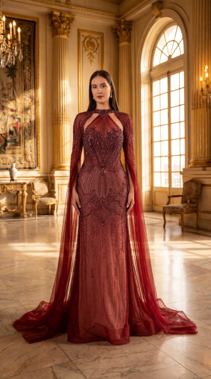crimson beaded couture evening gown with cape sleeves Casa Reina