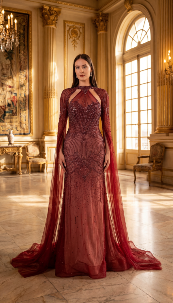 crimson beaded couture evening gown with cape sleeves Casa Reina
