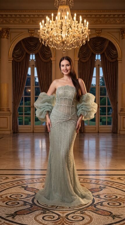 Elegant woman wearing an emerald green couture evening gown with crystal embellishments and sheer puff sleeves standing in a luxurious chandelier-lit ballroom