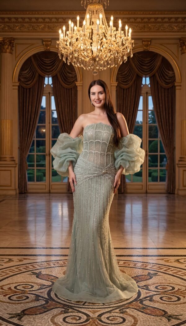 Elegant woman wearing an emerald green couture evening gown with crystal embellishments and sheer puff sleeves standing in a luxurious chandelier-lit ballroom