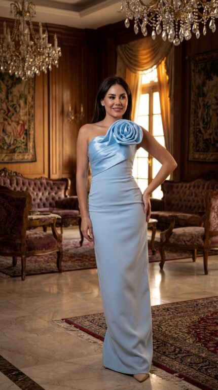 Sky blue one shoulder evening gown with statement rose detail and fitted silhouette