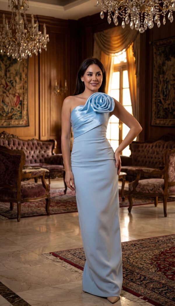 Sky blue one shoulder evening gown with statement rose detail and fitted silhouette