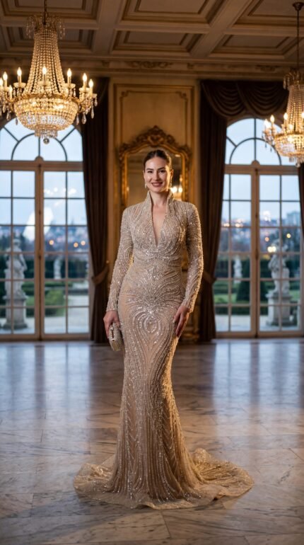 champagne crystal embellished couture evening gown long sleeve Casa Reina