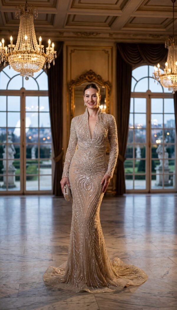 champagne crystal embellished couture evening gown long sleeve Casa Reina