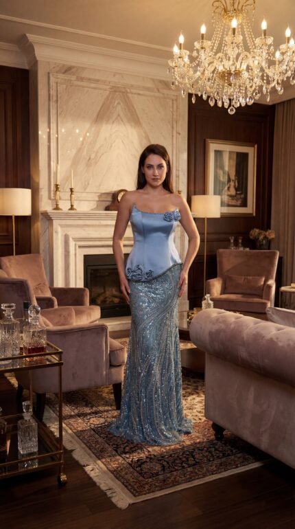 steel blue embellished evening gown with structured bodice Casa Reina Boutique