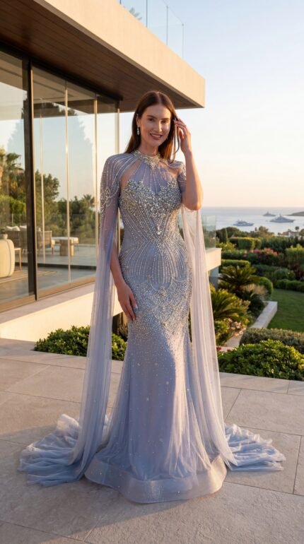 Woman wearing a dusty lilac embellished couture gown with sheer cape sleeves standing on a luxury terrace overlooking the sea at sunset