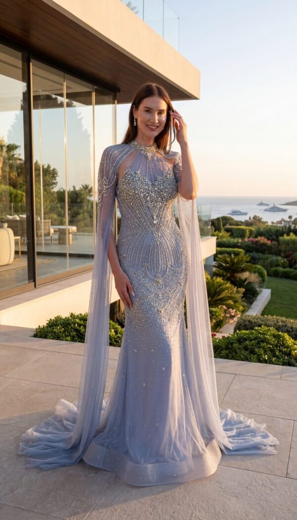Woman wearing a dusty lilac embellished couture gown with sheer cape sleeves standing on a luxury terrace overlooking the sea at sunset