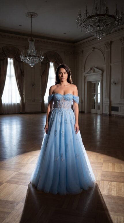 powder blue off shoulder tulle ball gown elegant evening prom dress Casa Reina Boutique