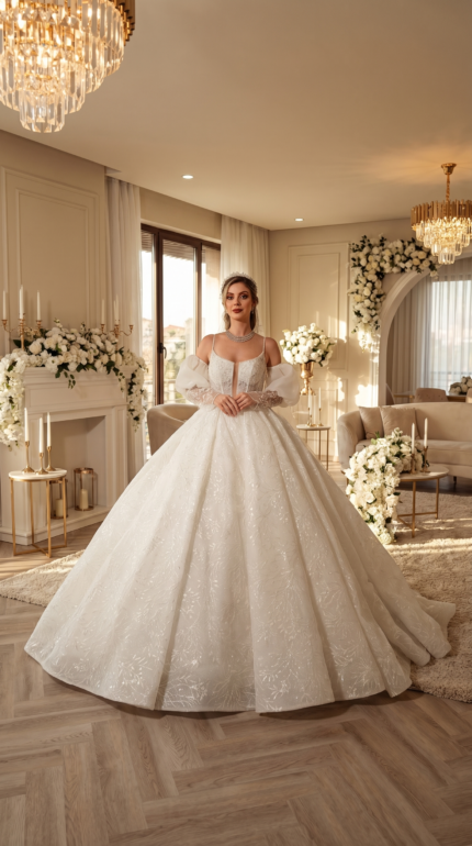 Bride wearing a voluminous ivory floral lace ball gown with detachable puff sleeves in a luxurious, flower-decorated interior.
