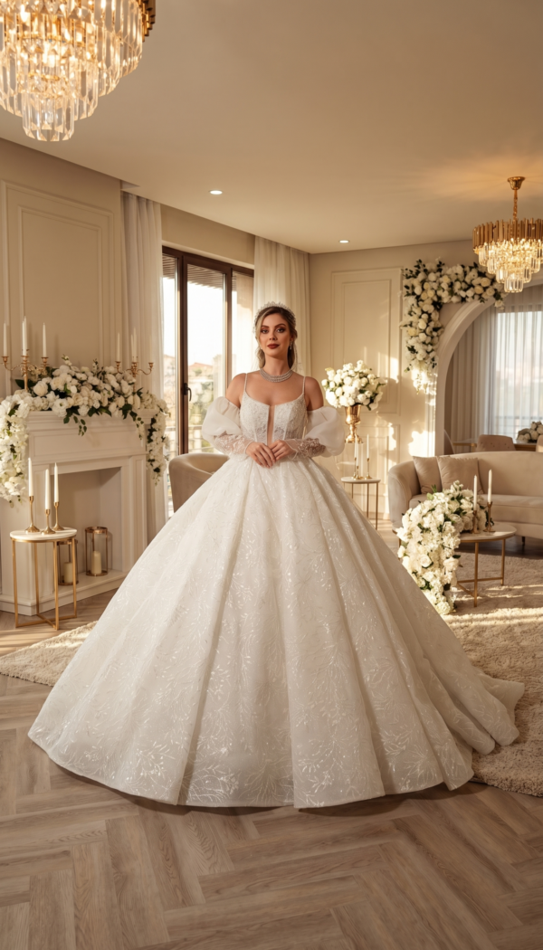 Bride wearing a voluminous ivory floral lace ball gown with detachable puff sleeves in a luxurious, flower-decorated interior.