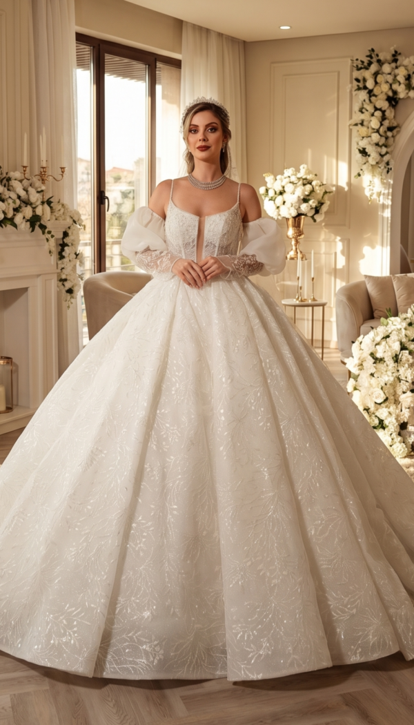 Bride wearing a voluminous ivory floral lace ball gown with detachable puff sleeves in a luxurious, flower-decorated interior.