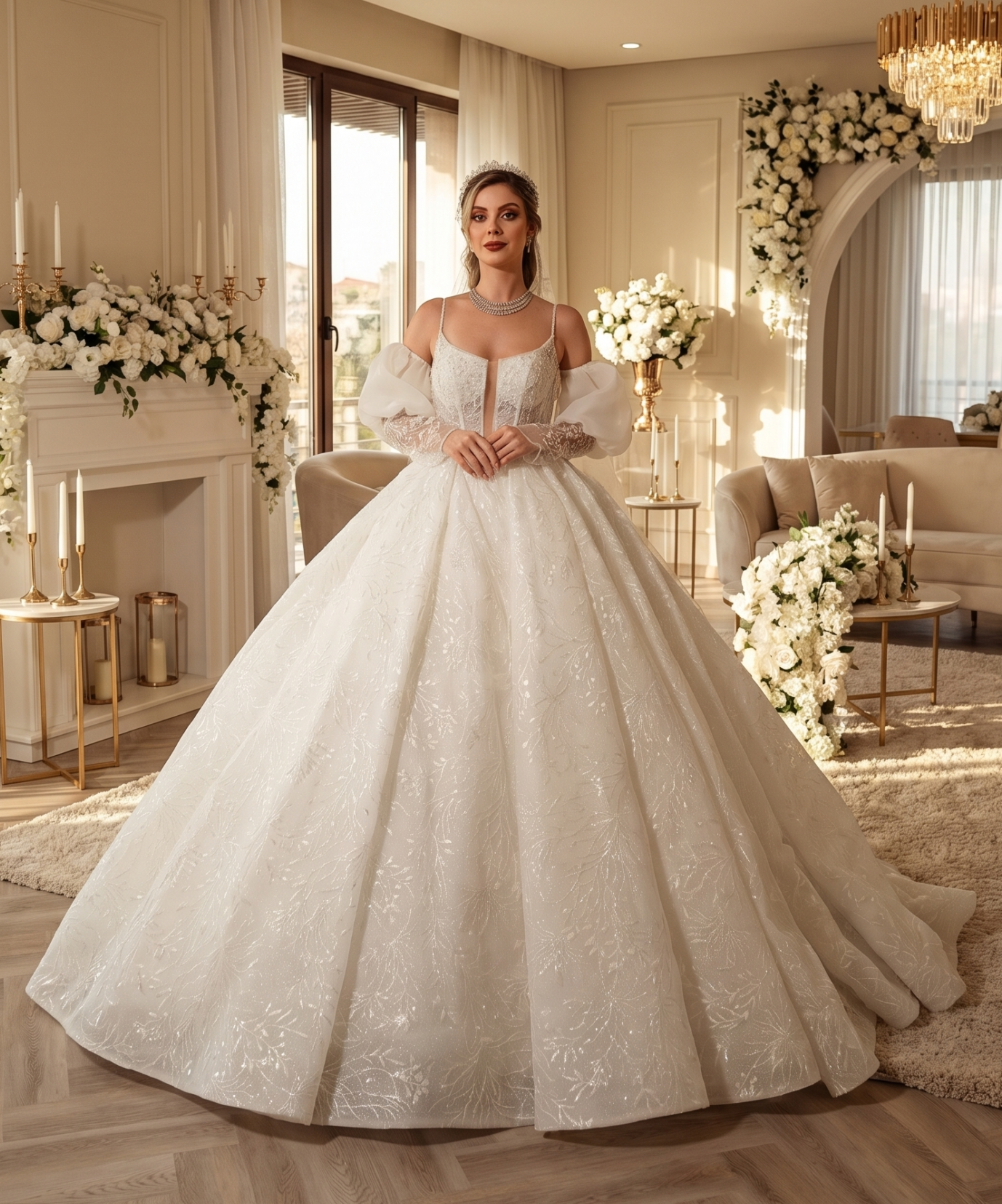 Sparking Floral Lace Ball Gown with Detachable Puff Sleeves Bride wearing a voluminous ivory floral lace ball gown with detachable puff sleeves in a luxurious, flower-decorated interior.
