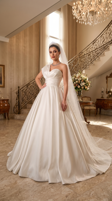 Bride posing in a luminous ivory one-shoulder satin ball gown with a pleated bodice and long veil in a classic grand foyer.