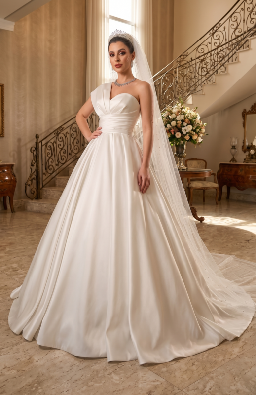 Bride posing in a luminous ivory one-shoulder satin ball gown with a pleated bodice and long veil in a classic grand foyer.