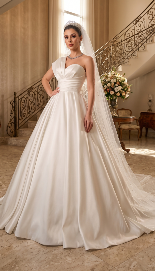 Bride posing in a luminous ivory one-shoulder satin ball gown with a pleated bodice and long veil in a classic grand foyer.