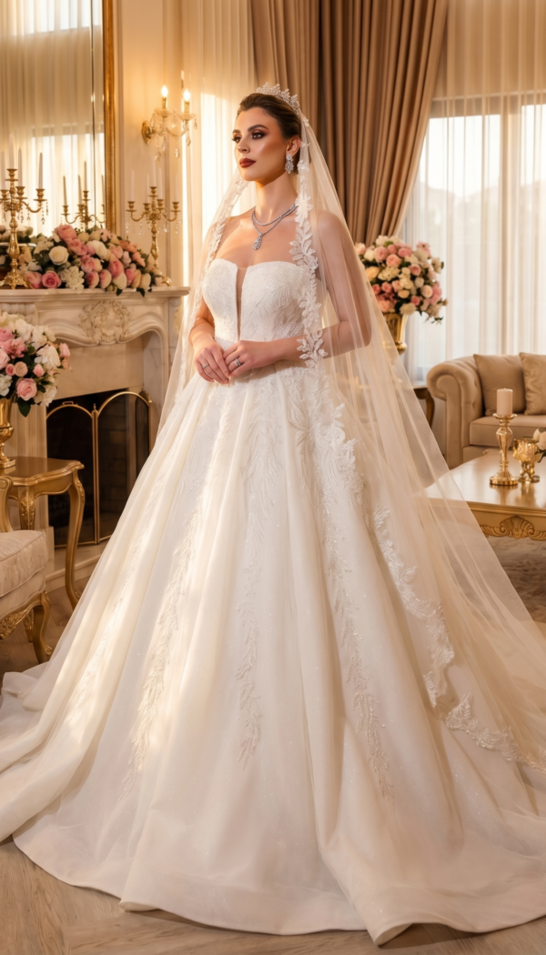 Strapless Plunging Sweetheart Ball Gown with Vertical Lace Motifs
