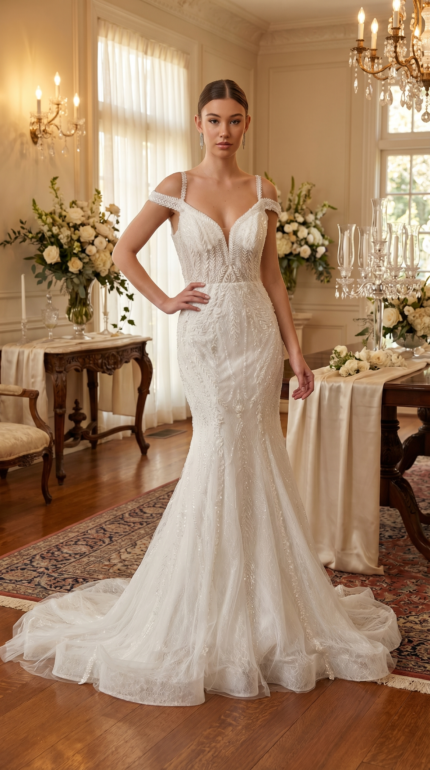 Crystal-Embellished Mermaid Gown with Cold-Shoulder Straps