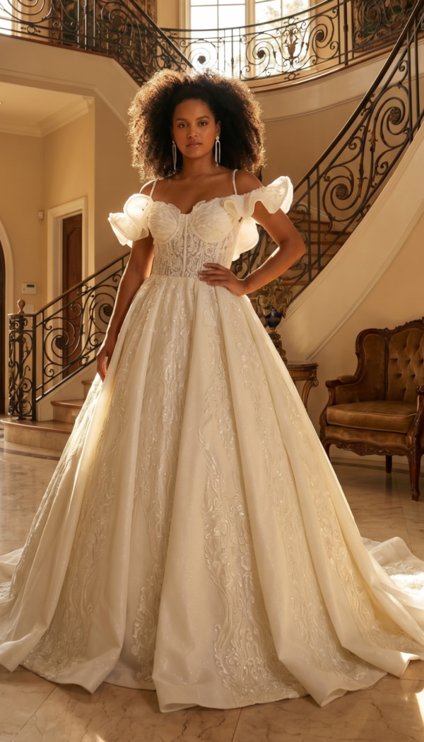 Shimmering Lace Ball Gown with Ruffled Organza Sleeves