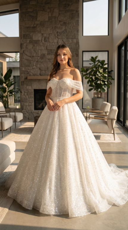 Off-the-Shoulder Glitter Tulle Ball Gown with Corset Bodice