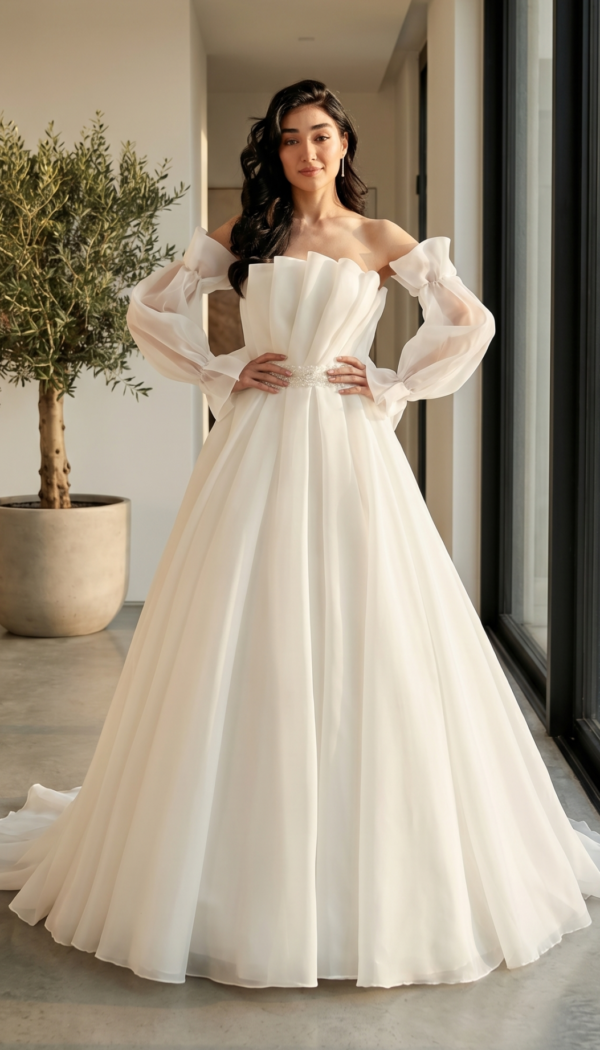 Architectural Pleated Organza Gown with Bishop Sleeves