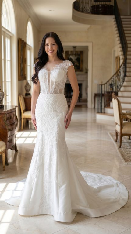 Illusion Lace Sheath Gown with Scalloped Cap Sleeves