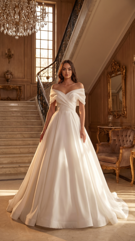 Minimalist Off-the-Shoulder Satin Ball Gown