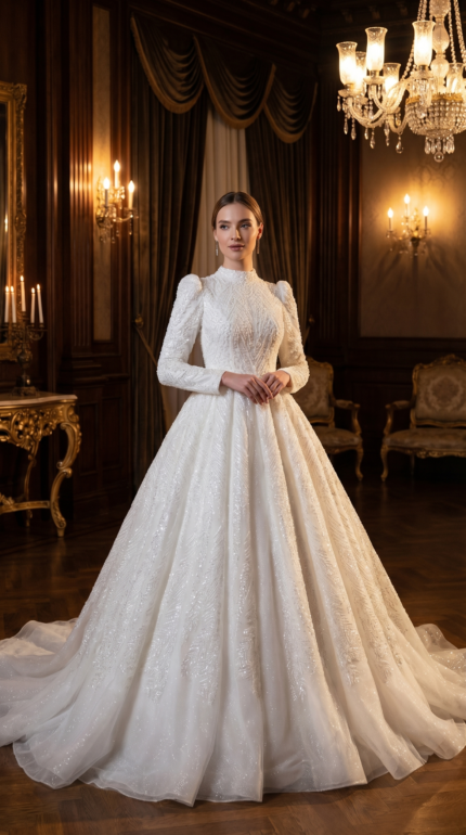 High-Neck Beaded Gown with Long Illusion Sleeves