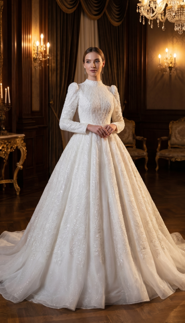 High-Neck Beaded Gown with Long Illusion Sleeves