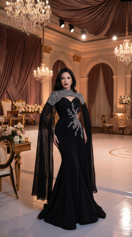 Midnight Onyx Crystallized Cape Gown