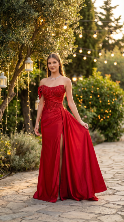 Crimson Red Beaded Corset Gown with One-Sleeve Detail