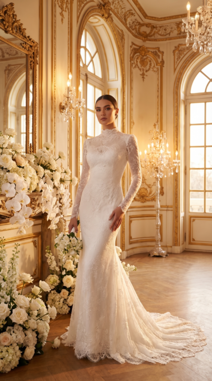 High-Neck Scalloped Lace Sheath | Casa Reina Boutique