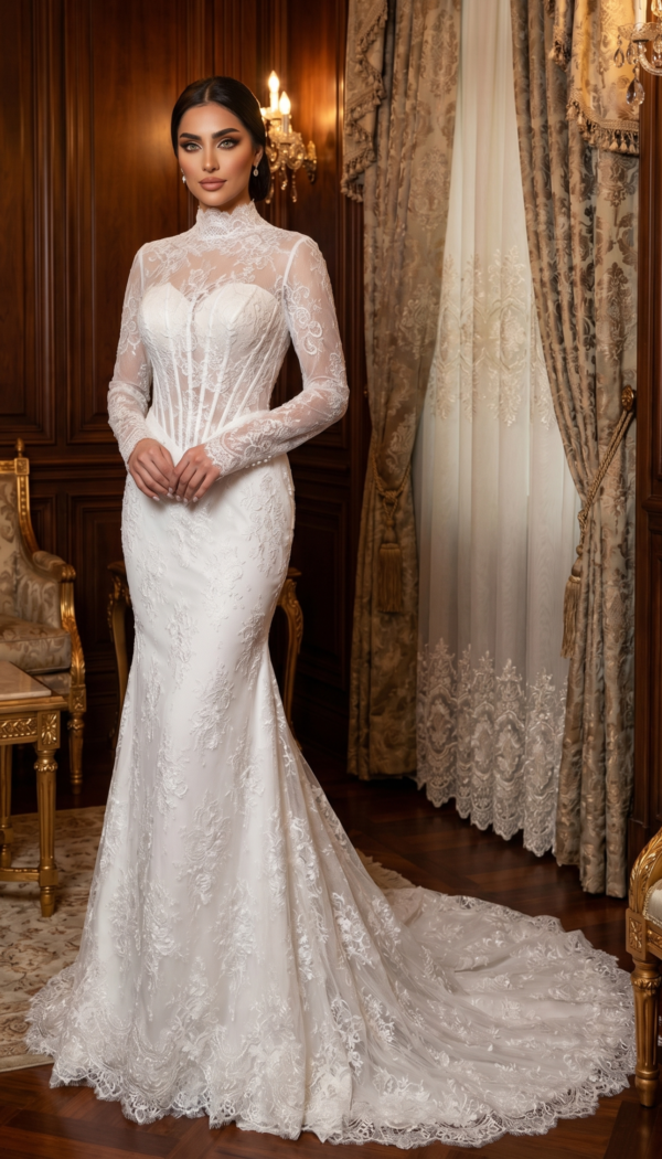 Regal High-Neck Corset Mermaid Gown in French Lace | Casa Reina Boutique