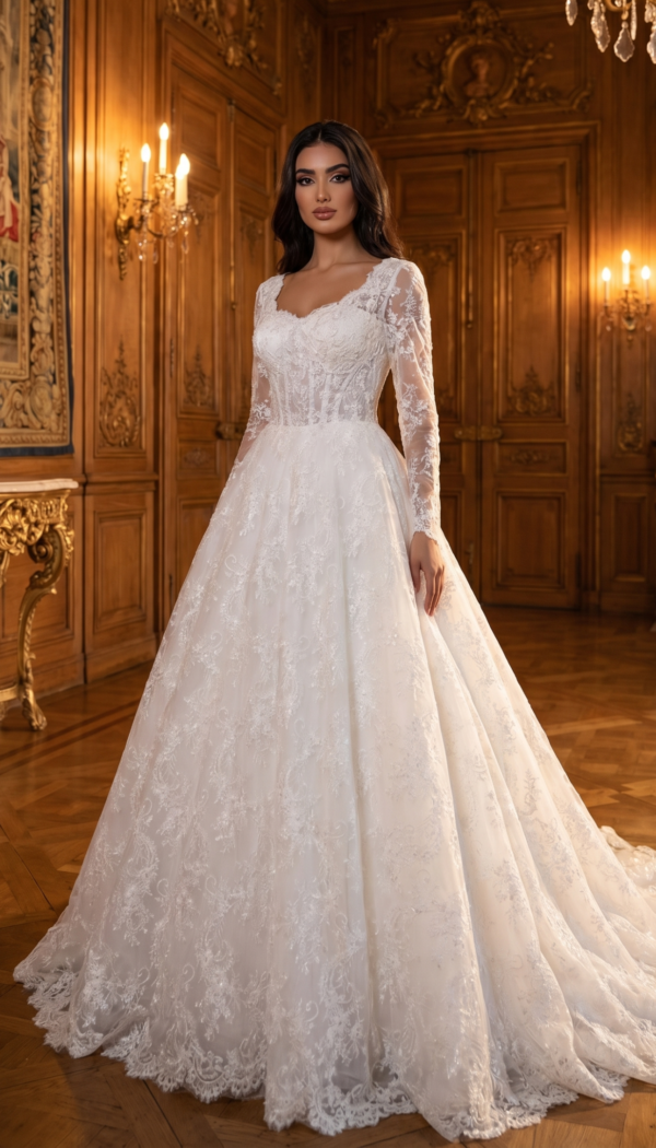 Sweetheart Neck Long Sleeve French Lace Ball Gown | Casa Reina Boutique