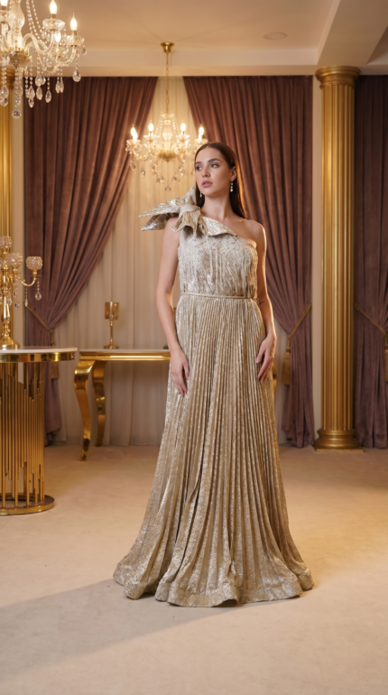 Champagne Gold Pleated One-Shoulder Gown