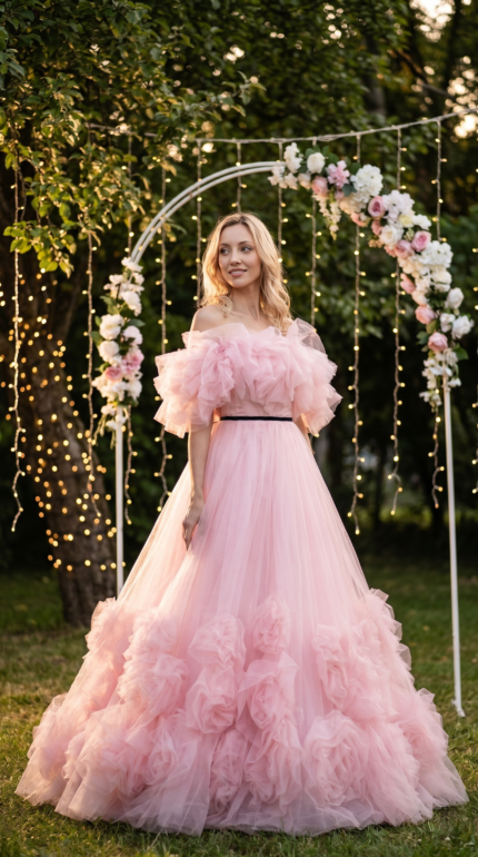 Blush Pink Tulle Ruffle Ball Gown