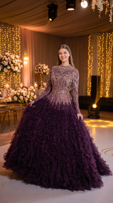 Deep Plum Crystallized Tiered Ball Gown