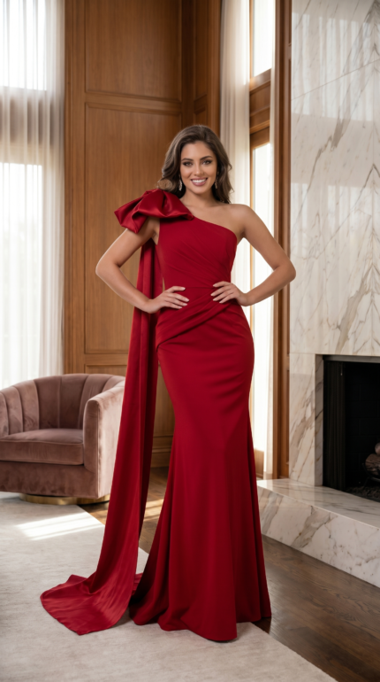 Crimson Bow-Shoulder Drape Gown