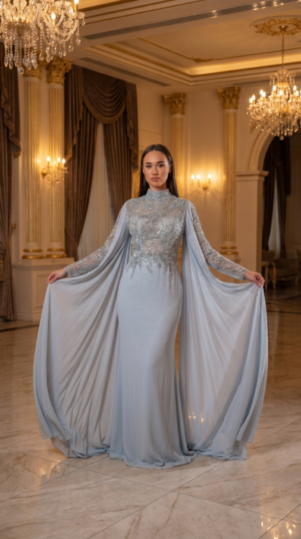 Ice Blue High-Neck Cape Gown
