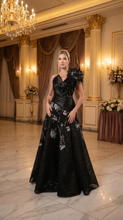 Midnight Floral Architectural Ballgown