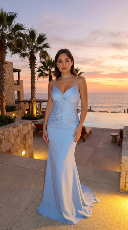 Sky Blue Crystal-Pleat Column Gown