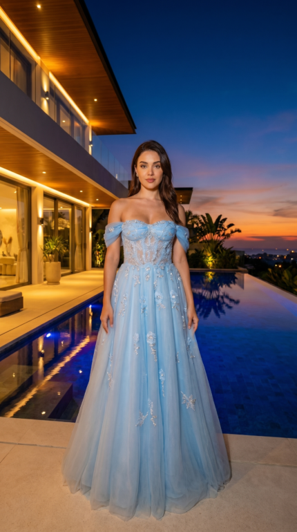 Ethereal Blue Floral Tulle Gown
