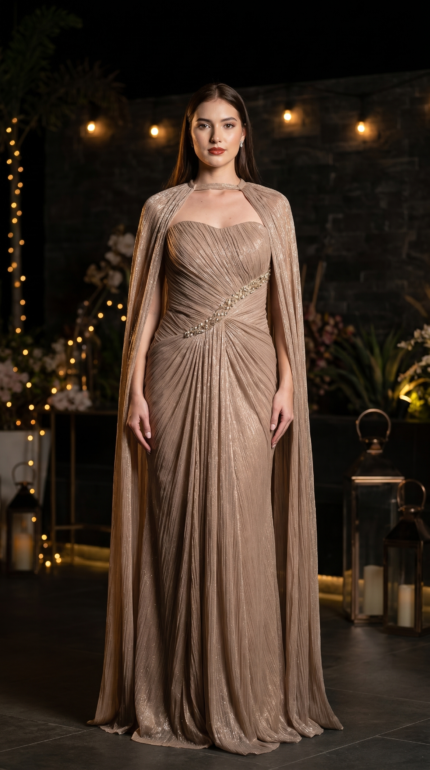 Champagne Metallic Cape Gown